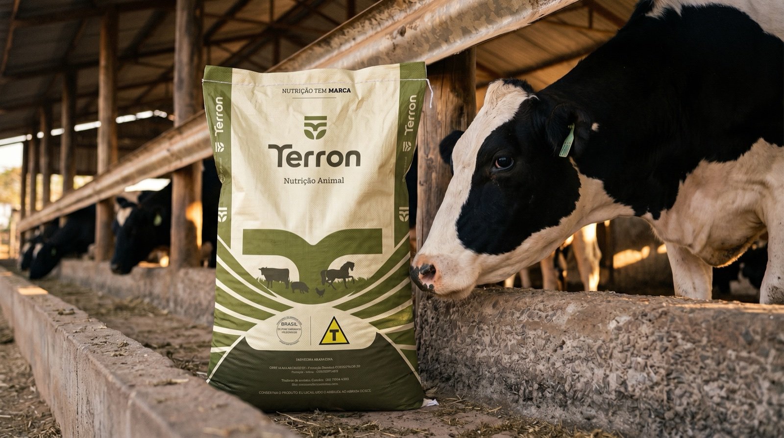Sacaria verde de 40 kg da Terron no cocho, ao lado do gado, em Catalão, Goiás